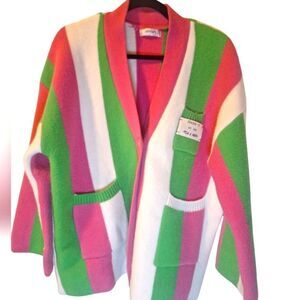 Jascls pink green striped thick knit colorblock cardigan sweater One size